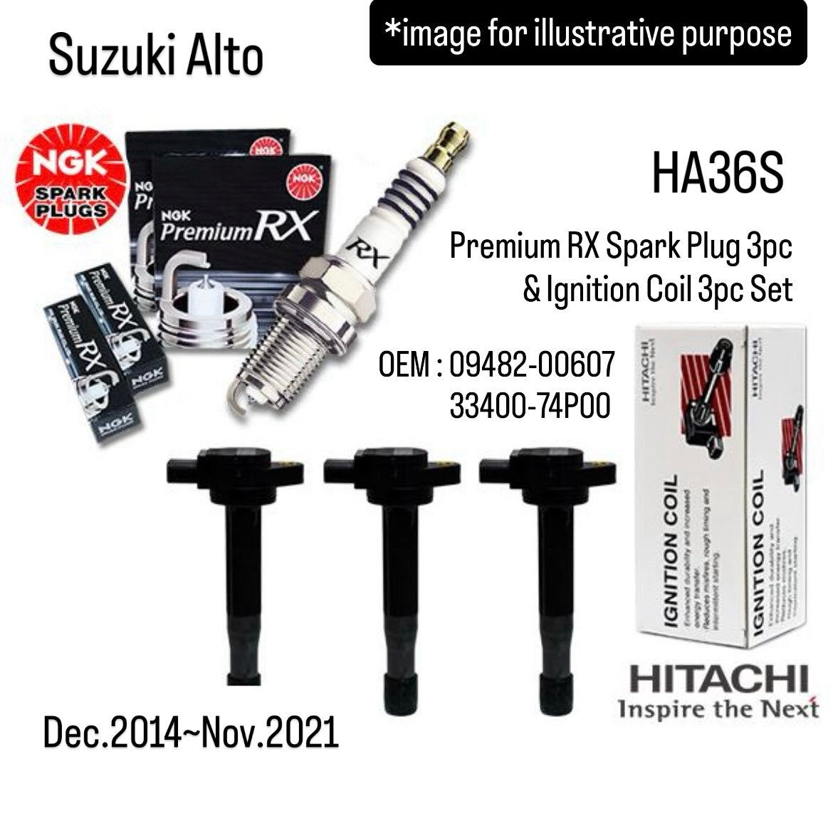 HA36S Premium RX Spark Plug 3pc (NGK) & Ignition Coil 3pc (Astemo) Set for Suzuki Alto (Dec.2014~Nov.2021) (OEM:09482-00607/33400-74P00)