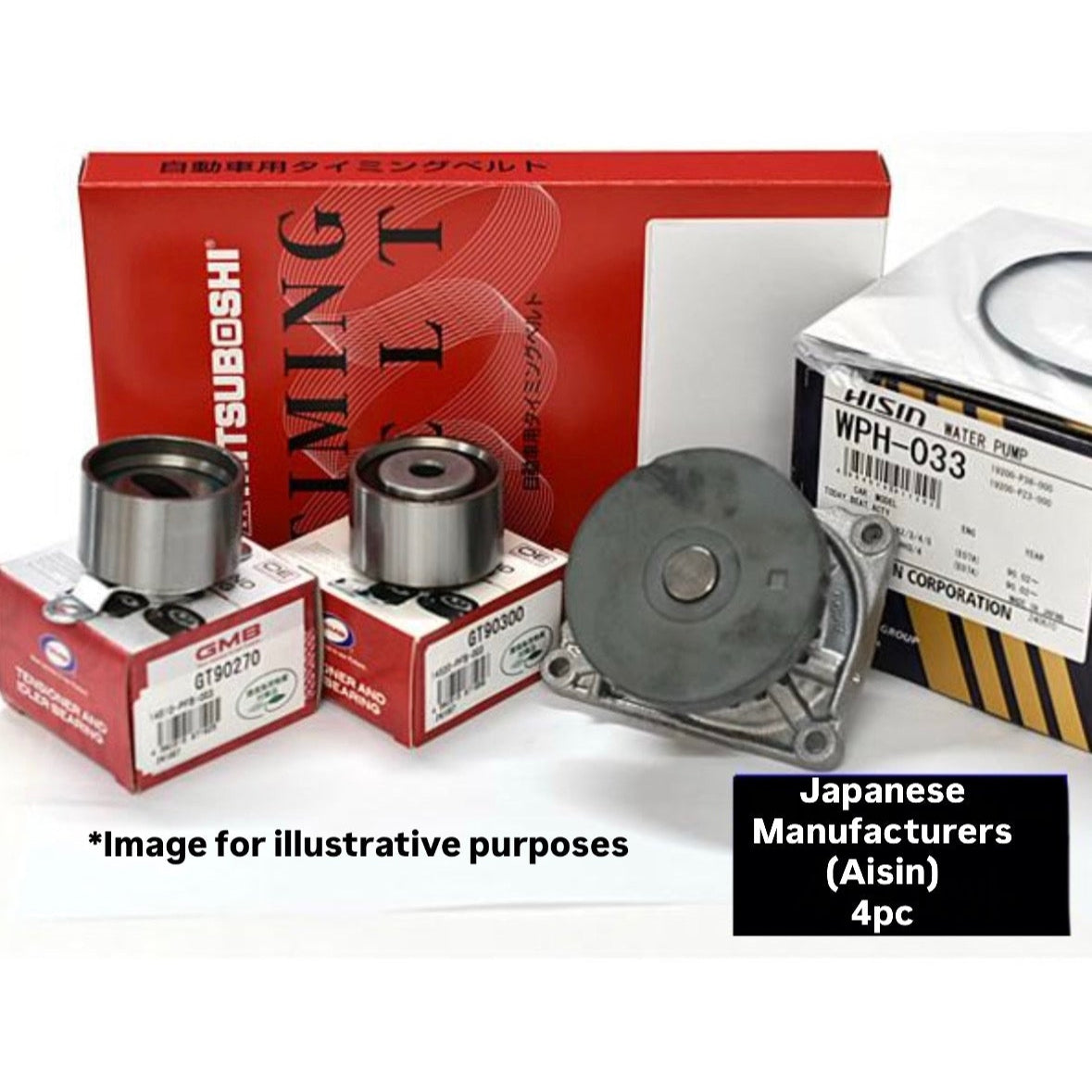HA3/HA4/HA5/HH3/HH4 (Engine:E07A/SOHC) Timing Belt 4pc Kit (Water Pump AISIN) for Honda Acty