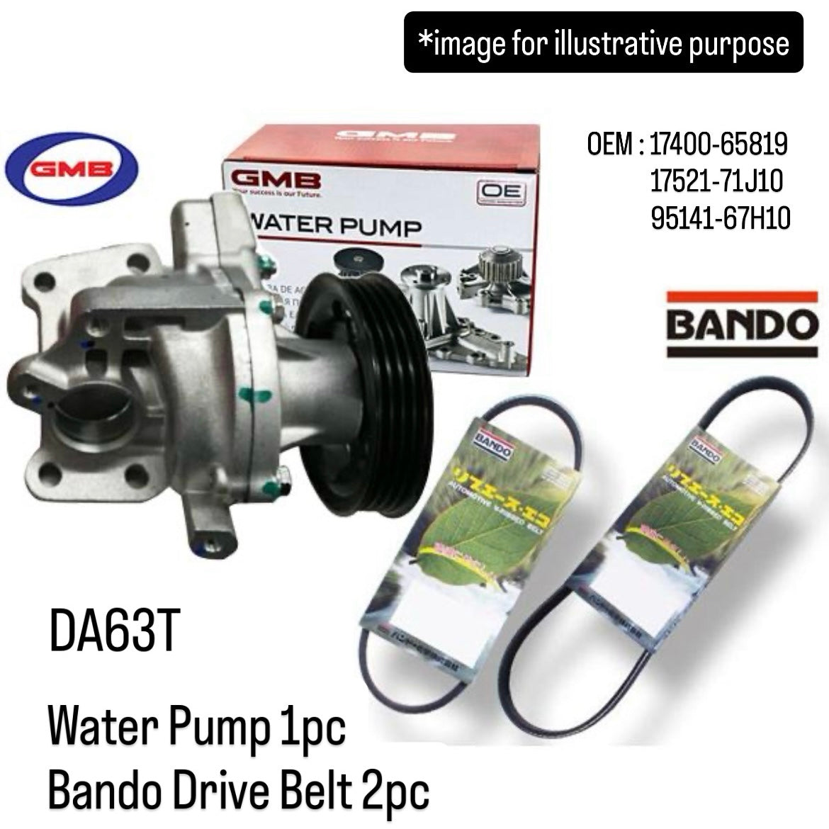 DA63T Water Pump with Bando Drive Belt Set (GMB) for Suzuki Carry (OEM:17400-65819/17521-71J10/95141-67H10)