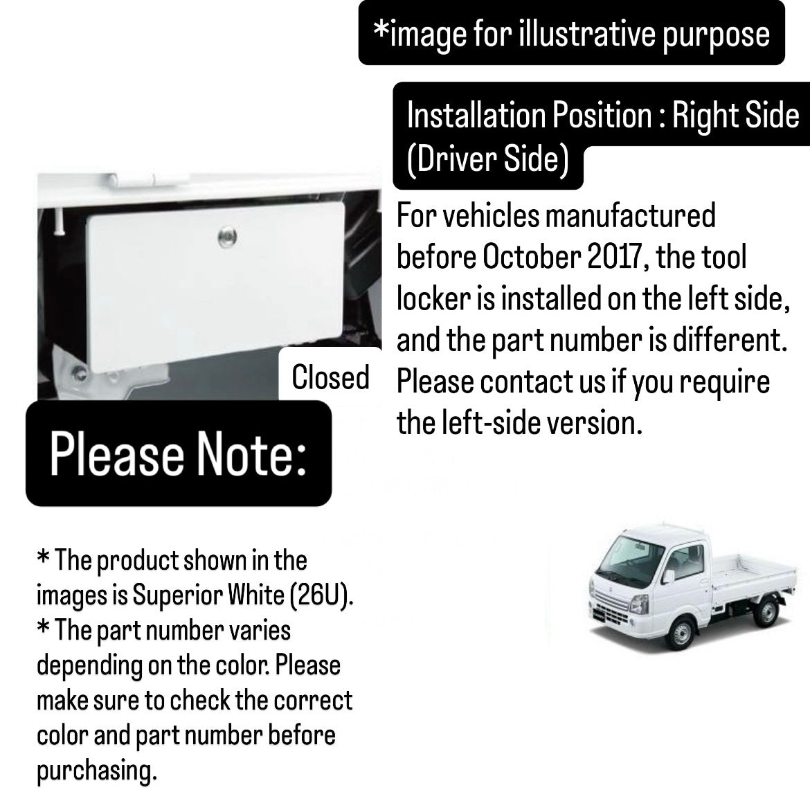 DA16T Genuine Suzuki Tool Box Driver Side for Carry (White, Steel) (OEM:9912F-82M00-26U/Z0A1-V9-720)
