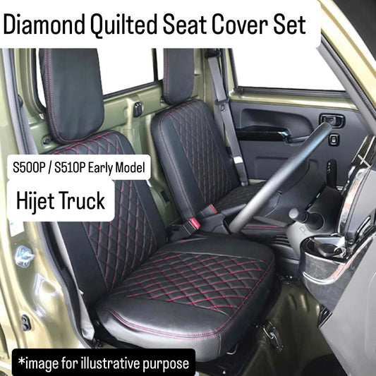 S500P/S510P Early Model Diamond Quilted Seat Cover Set for Daihatsu Hijet Truck (Black PVC Leather with Red Stitching, Left & Right Set)