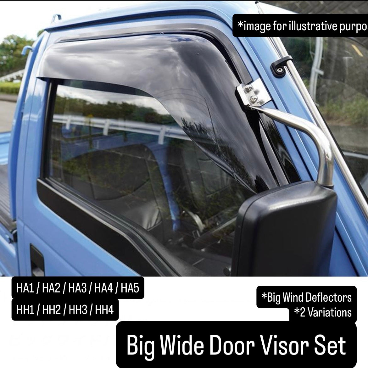HA1/HA2/HA3/HA4/HA5/HH1/HH2/HH3/HH4 Big Wide Door Visor Set for Honda Acty Truck / Acty Van (Big Wind Deflectors, 2 Variations)