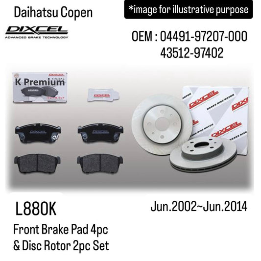 L880K Front Brake Pad 4pc & Disc Rotor 2pc Set (DIXCEL) for Daihatsu Copen (Jun.2002~Jun.2014) (OEM:04491-97207-000/43512-97402)