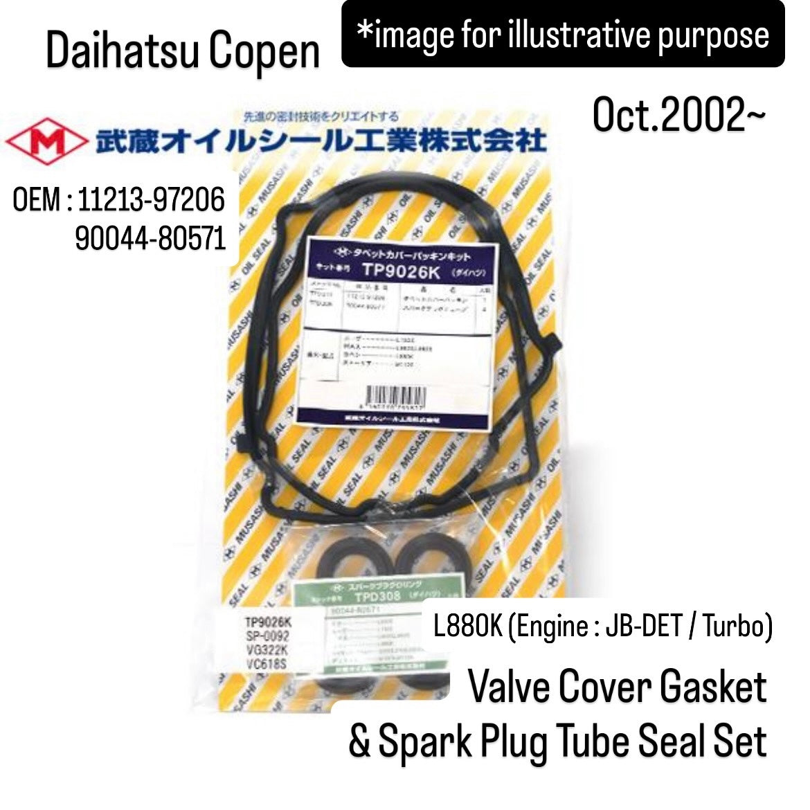 L880K (Engine:JB-DET/Turbo) Valve Cover Gasket & Spark Plug Tube Seal Set (Musashi) for Daihatsu Copen (Oct.2002~) (OEM:11213-97206/90044-80571)