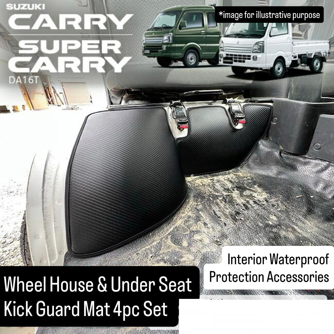 DA16T Wheel House & Under Seat Kick Guard Mat 4pc Set for Suzuki Carry / Super Carry (Interior Waterproof Protection Accessories 6Colors)