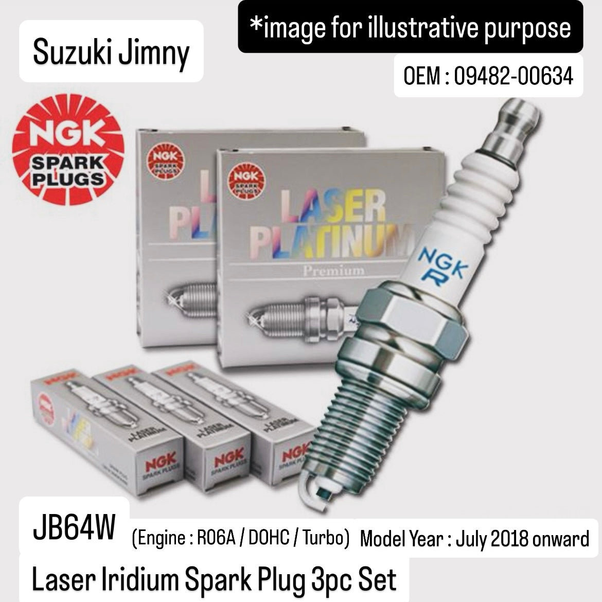 JB64W (Engine:R06A/DOHC/Turbo) Laser Iridium Spark Plug 3pc Set (NGK) for Suzuki Jimny (OEM:09482-00634)