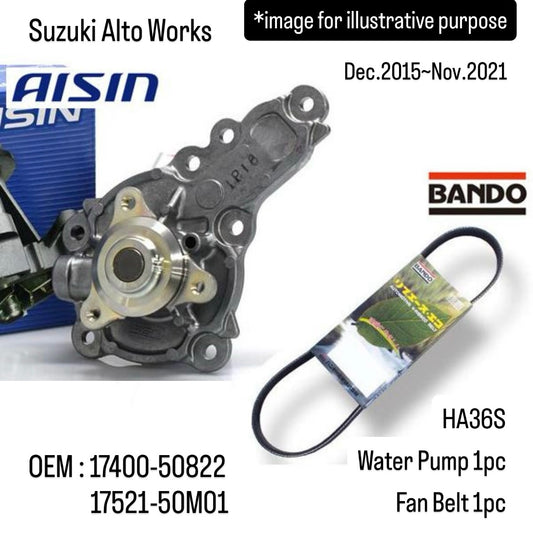HA36S Water Pump (AISIN) & Fan Belt (BANDO) Set for Suzuki Alto Works (Dec.2015~Nov.2021) (OEM:17400-50822/17521-50M01)