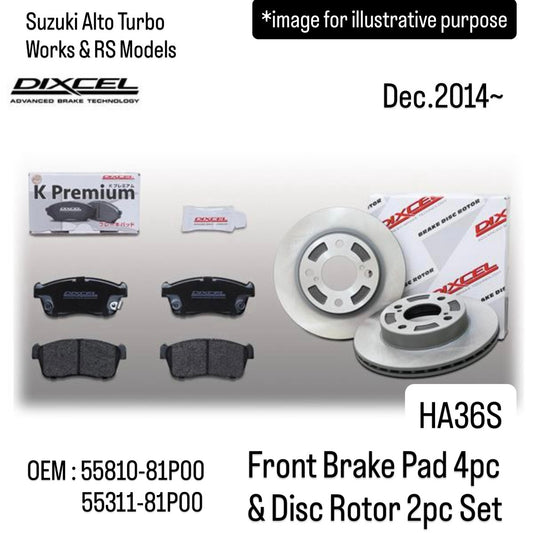HA36S Front Brake Pad 4pc & Disc Rotor 2pc Set (DIXCEL) for Suzuki Alto Turbo Works & RS Models (Dec.2014~) (OEM:55810-81P00/55311-81P00)
